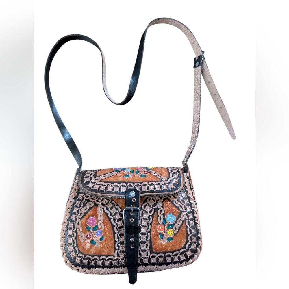Tooled Leather Folk Crossbody Bag Made In Mexico